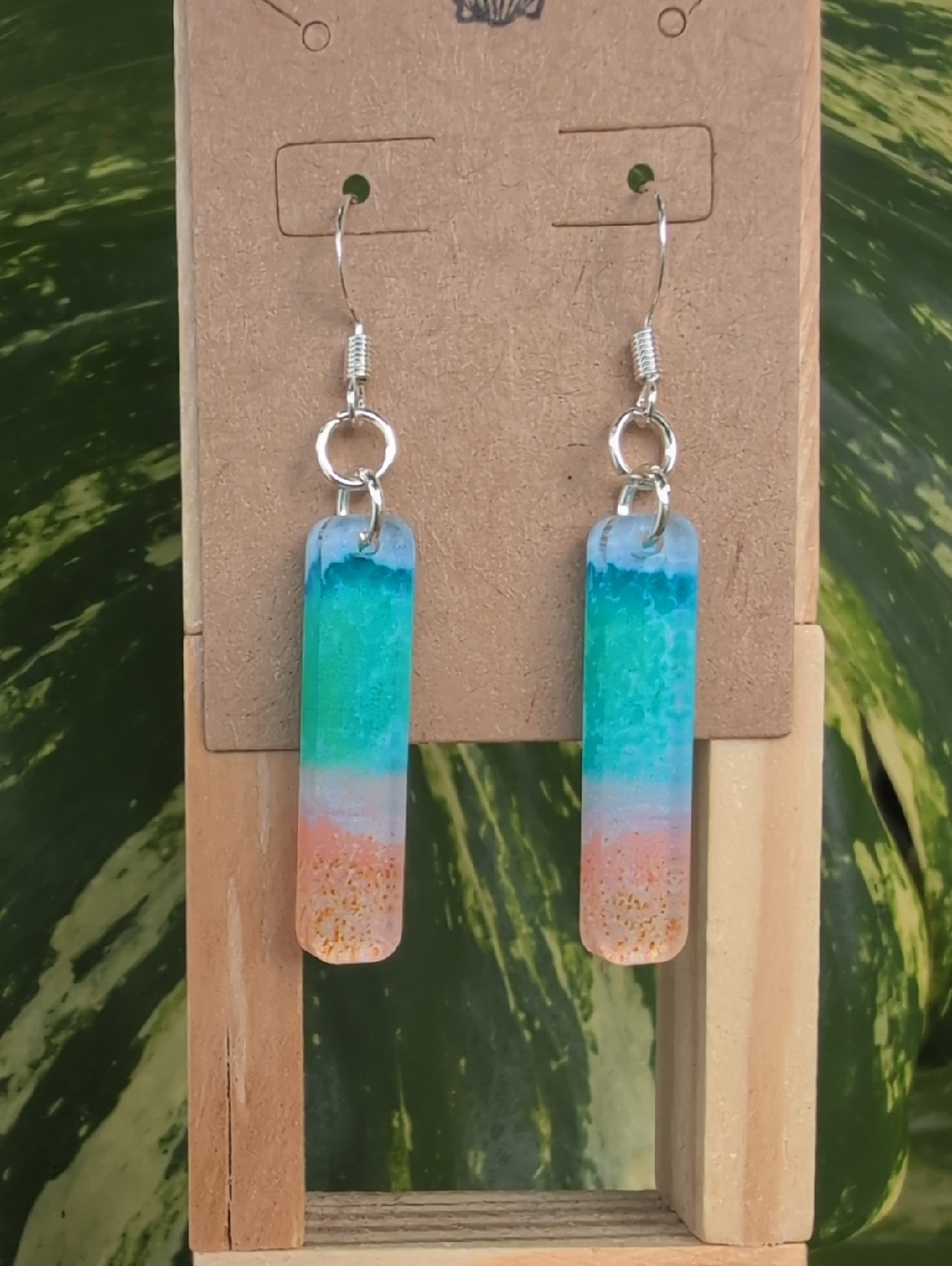 Handmade Teal and Coral Acrylic Beach Bar Earrings - Women Jewelry